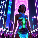 **Prompt:** A futuristic avatar wearing a shimmering, iridescent virtual dress, standing in a neon-lit cityscape within a metaverse concert. The dress reacts to the music with glowing patterns.
