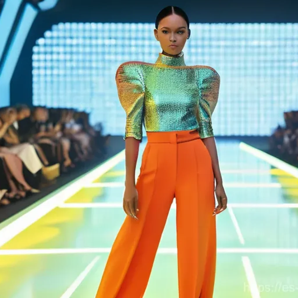 가상 의류 아이템의 디자인 트렌드 - **Prompt:** A futuristic, elegant female avatar confidently walking on a holographic runway within a...