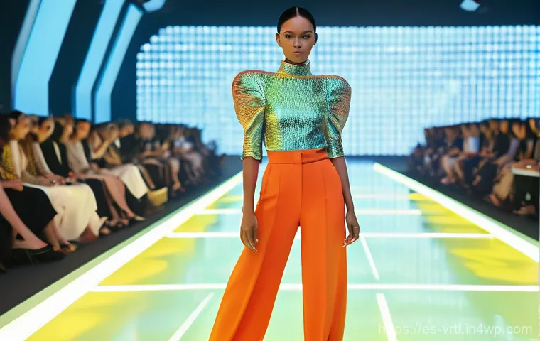 가상 의류 아이템의 디자인 트렌드 - **Prompt:** A futuristic, elegant female avatar confidently walking on a holographic runway within a...