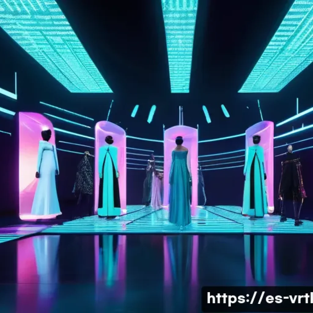 가상 의류 아이템의 시장 수요 - **A high-fashion digital runway show in a futuristic metaverse city.** Focus on diverse, stylized av...