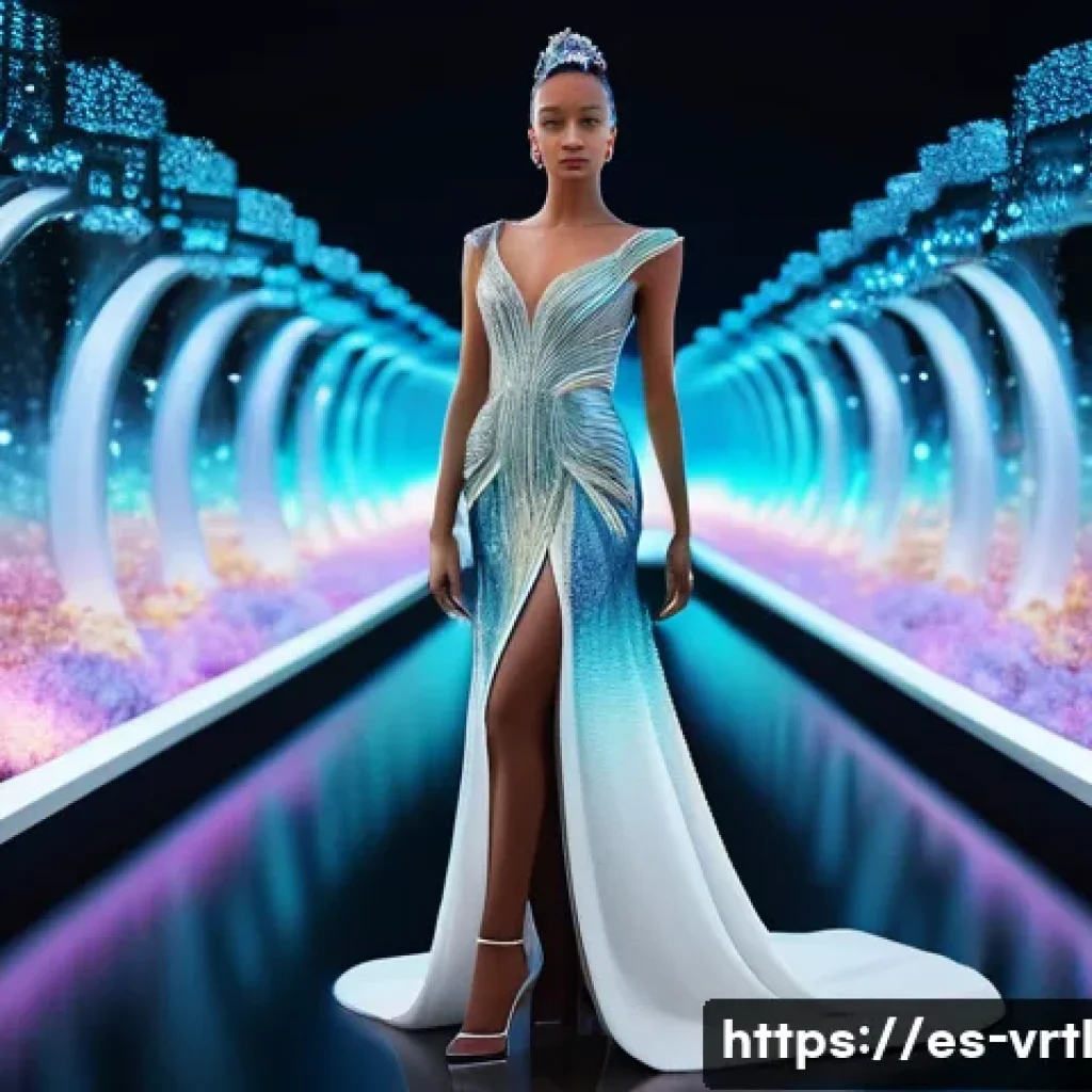 가상 의류 아이템의 고급화 트렌드 - A hyper-realistic 3D rendering of an elegant female avatar in her early twenties, fully dressed in a...