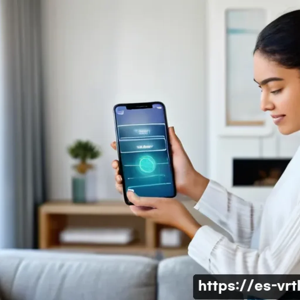 AR 기술을 이용한 가상 의류 착용 경험 - A modern young Hispanic woman using a smartphone at home, engaging with an augmented reality fashion...