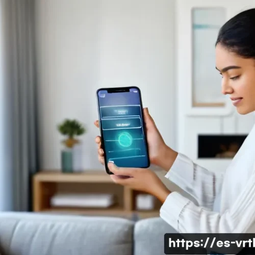 Home 15 AR 기술을 이용한 가상 의류 착용 경험 - A modern young Hispanic woman using a smartphone at home, engaging with an augmented reality fashion...