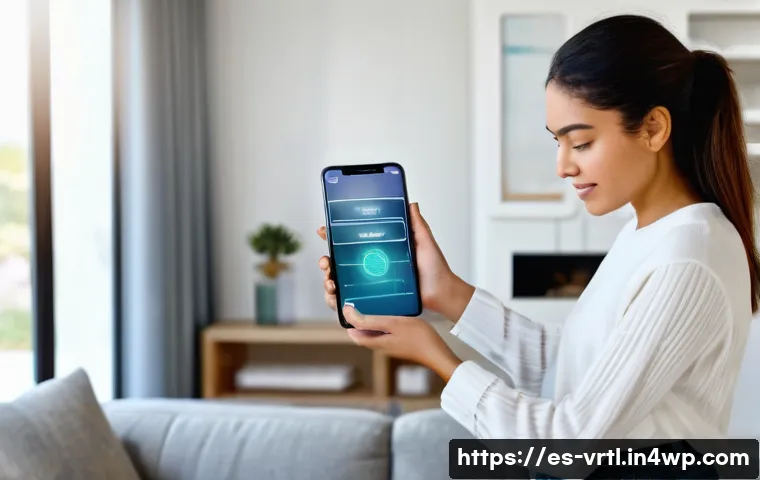 AR 기술을 이용한 가상 의류 착용 경험 - A modern young Hispanic woman using a smartphone at home, engaging with an augmented reality fashion...