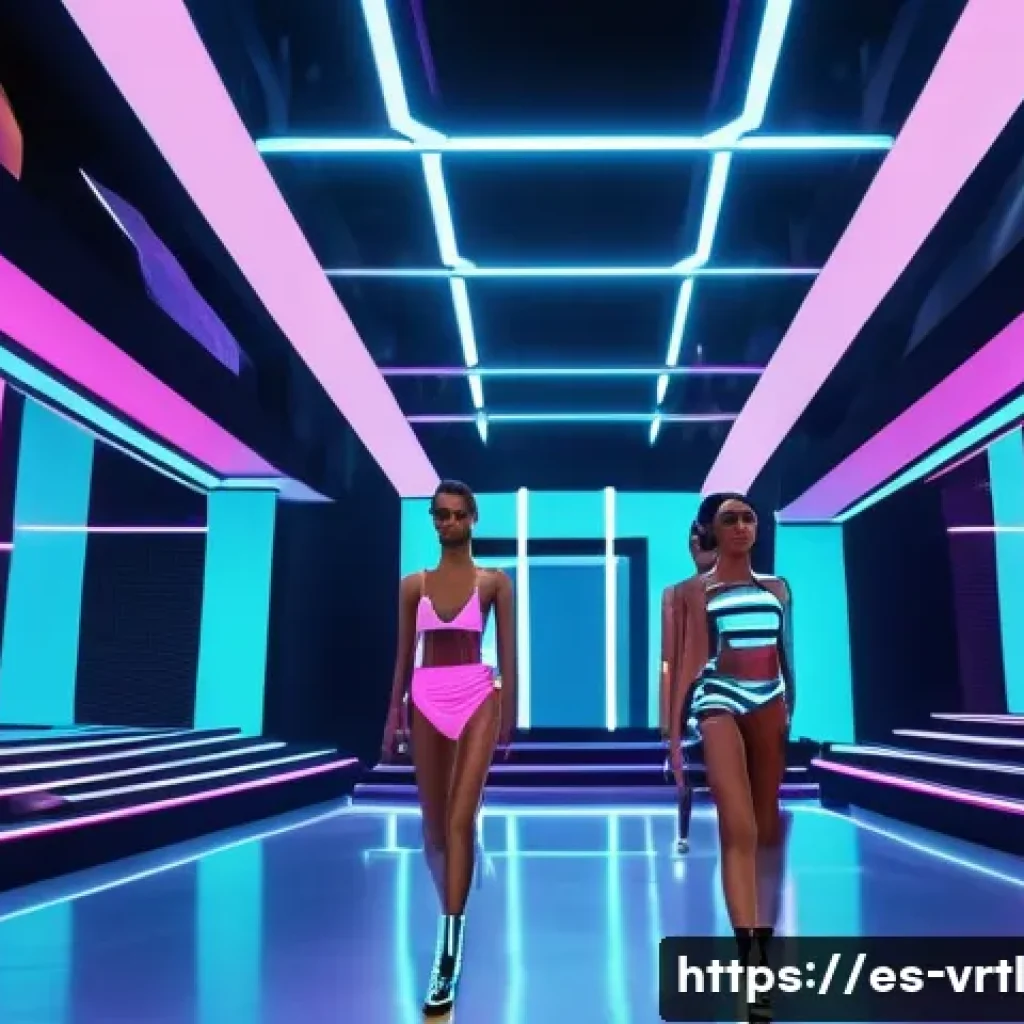 가상 의류 아이템의 혁신적인 사례 - A futuristic digital fashion runway set inside a vibrant metaverse environment, featuring diverse mo...