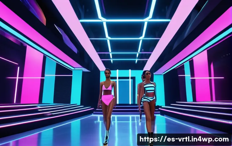 가상 의류 아이템의 혁신적인 사례 - A futuristic digital fashion runway set inside a vibrant metaverse environment, featuring diverse mo...