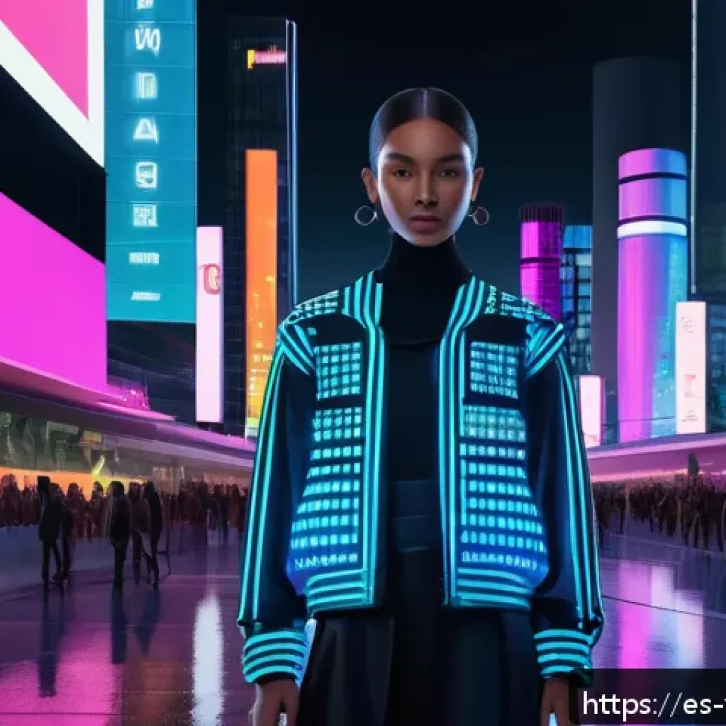가상 의류 아이템의 시장 규모 - A futuristic digital fashion runway scene set in a vibrant virtual cityscape at dusk, featuring dive...