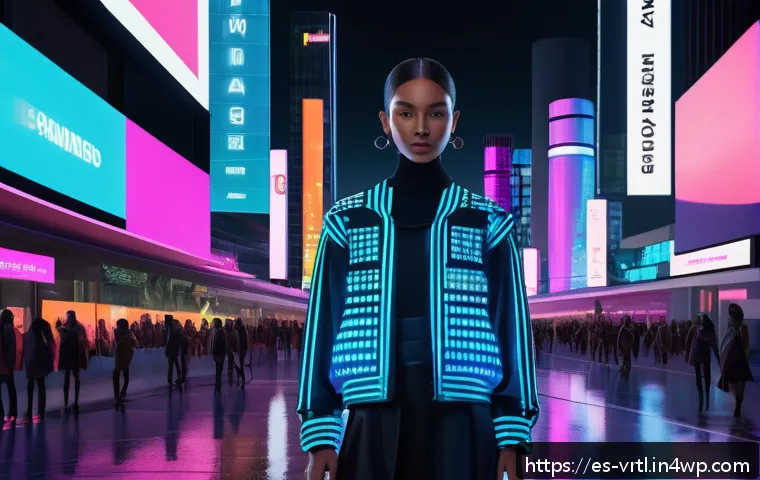 가상 의류 아이템의 시장 규모 - A futuristic digital fashion runway scene set in a vibrant virtual cityscape at dusk, featuring dive...