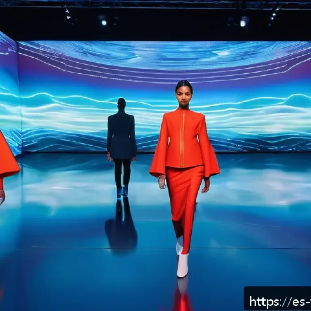 가상 의류 아이템의 패션 커뮤니티 - A futuristic digital fashion runway scene set in a vibrant virtual reality metaverse environment. Mo...