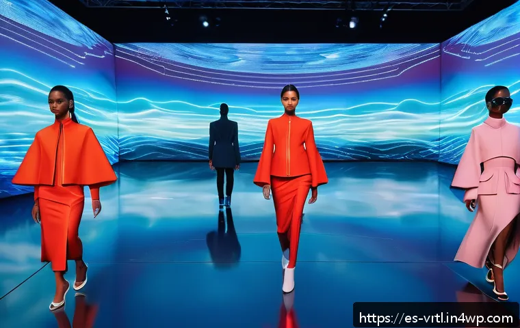 가상 의류 아이템의 패션 커뮤니티 - A futuristic digital fashion runway scene set in a vibrant virtual reality metaverse environment. Mo...