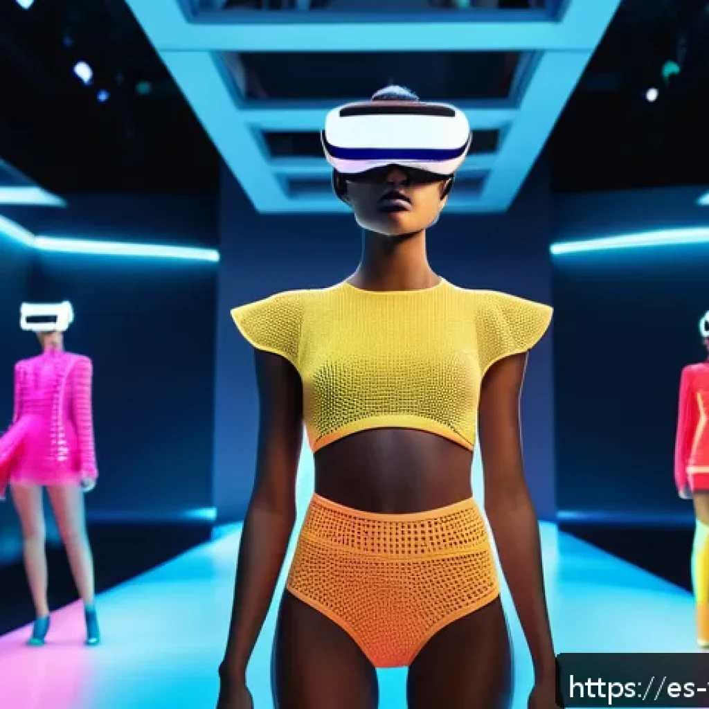 가상 의류 아이템의 패션쇼 사례 - A futuristic virtual fashion runway scene set in a sleek digital metropolis at night, with diverse m...