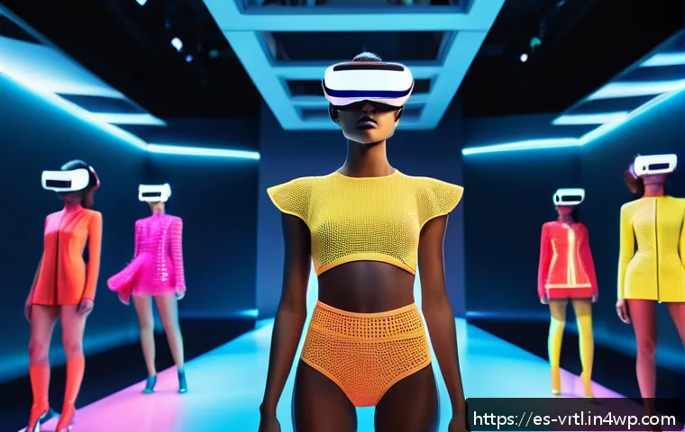 가상 의류 아이템의 패션쇼 사례 - A futuristic virtual fashion runway scene set in a sleek digital metropolis at night, with diverse m...