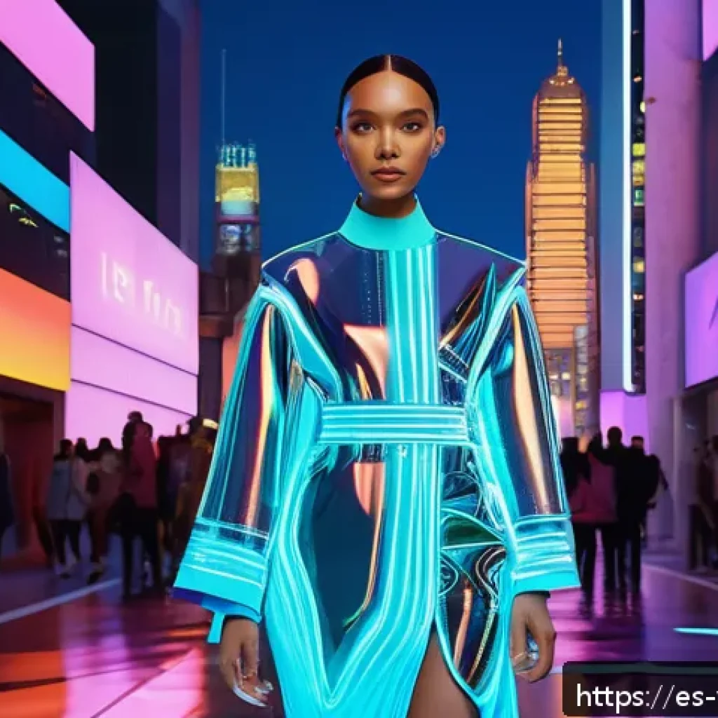 디지털 의류 아이템의 장단점 - A futuristic digital fashion runway scene set in a vibrant virtual cityscape at dusk, featuring dive...