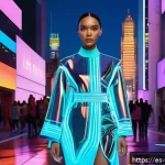 디지털 의류 아이템의 장단점 - A futuristic digital fashion runway scene set in a vibrant virtual cityscape at dusk, featuring dive...