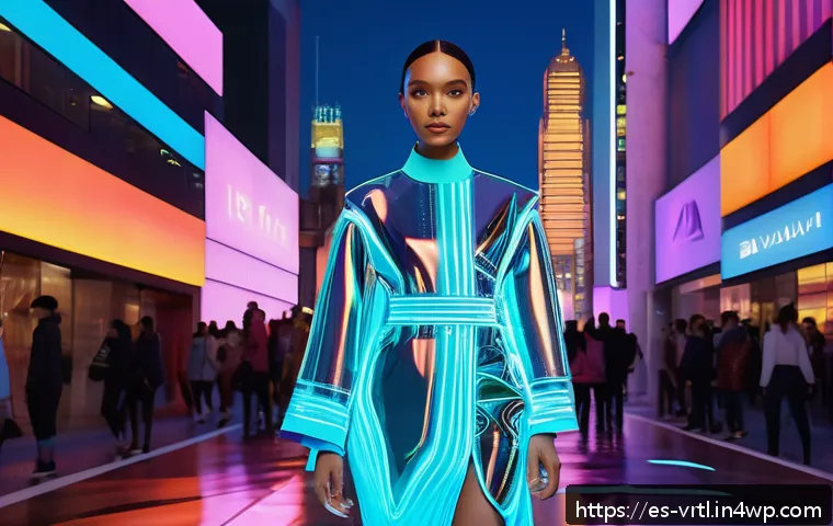 디지털 의류 아이템의 장단점 - A futuristic digital fashion runway scene set in a vibrant virtual cityscape at dusk, featuring dive...