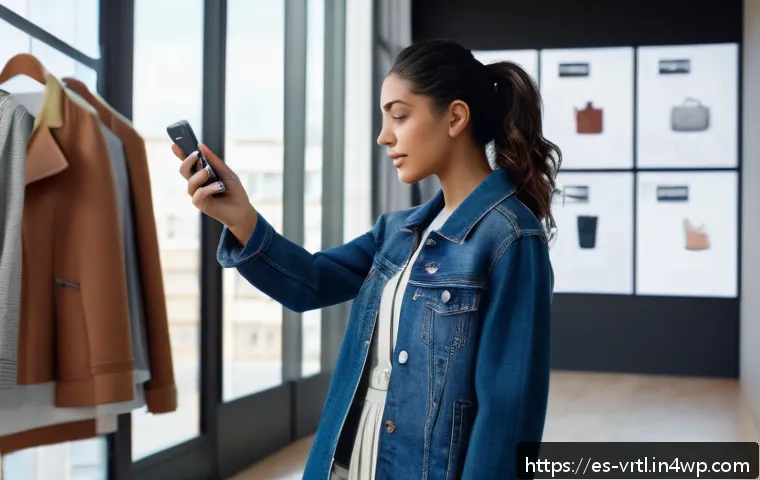 가상 의류 아이템의 쇼핑 경험 개선 전략 - A stylish young Hispanic woman using augmented reality virtual fitting room technology on her smartp...