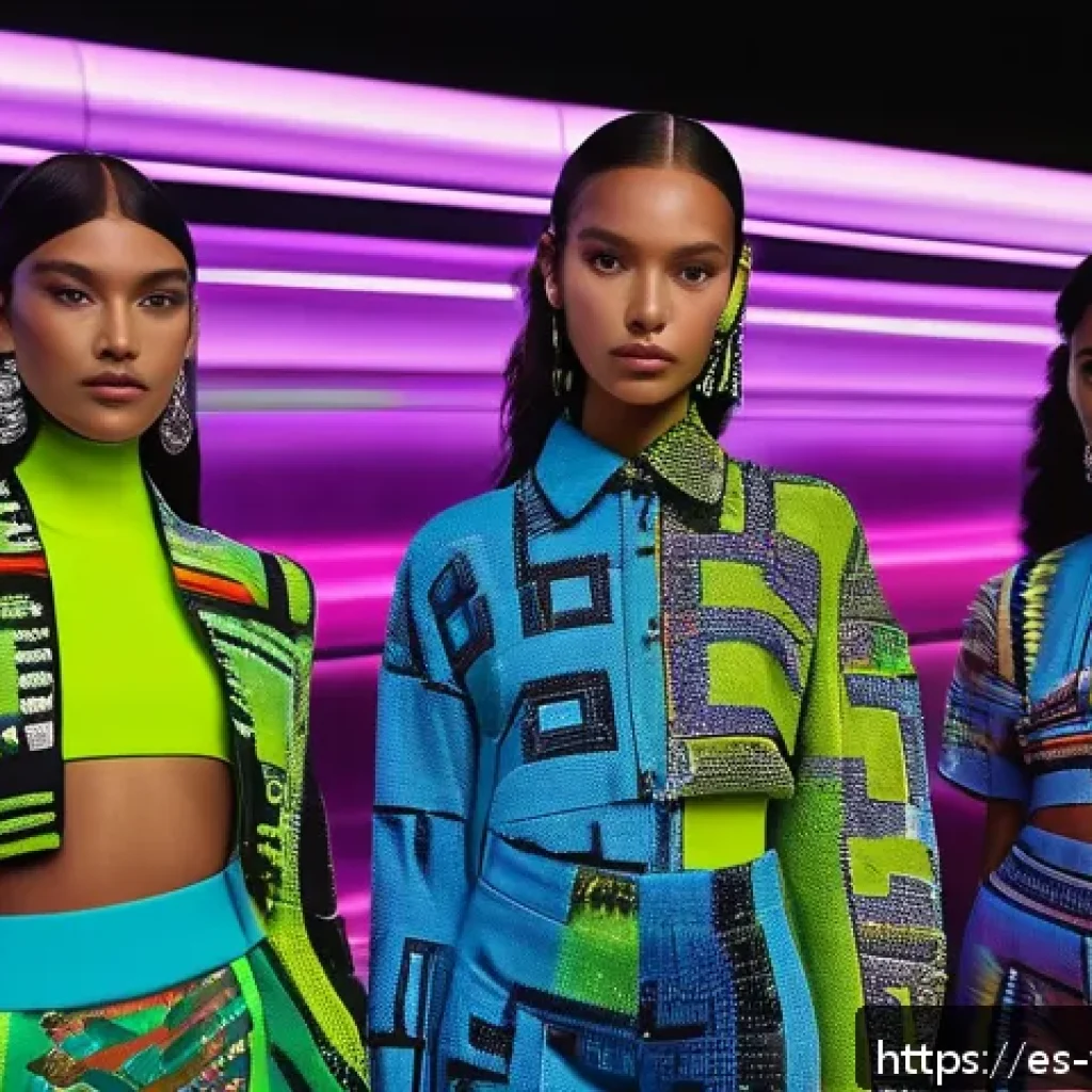 가상 의류 아이템을 활용한 광고 사례 - A vibrant digital fashion showcase set in a futuristic Latin American virtual metropolis at sunset, ...