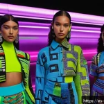 가상 의류 아이템을 활용한 광고 사례 - A vibrant digital fashion showcase set in a futuristic Latin American virtual metropolis at sunset, ...