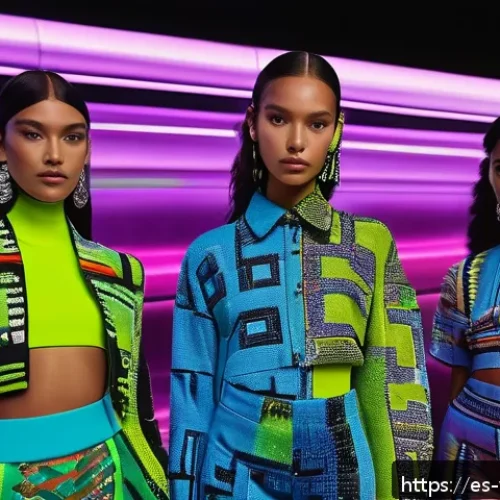 가상 의류 아이템을 활용한 광고 사례 - A vibrant digital fashion showcase set in a futuristic Latin American virtual metropolis at sunset, ...