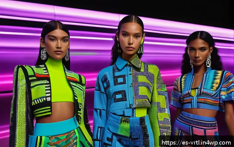 가상 의류 아이템을 활용한 광고 사례 - A vibrant digital fashion showcase set in a futuristic Latin American virtual metropolis at sunset, ...